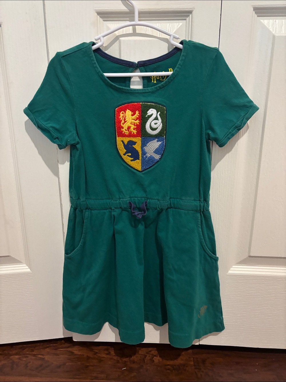 Mini Boden Teal Short-Sleeve Dress with Embroidered Crest